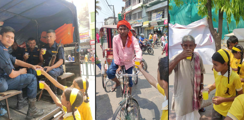 जीवन ज्योति माविका विद्यार्थीहरुले घन्टाघरमा चिसो पानी बटुवाहरुलाई खुवाउँदै