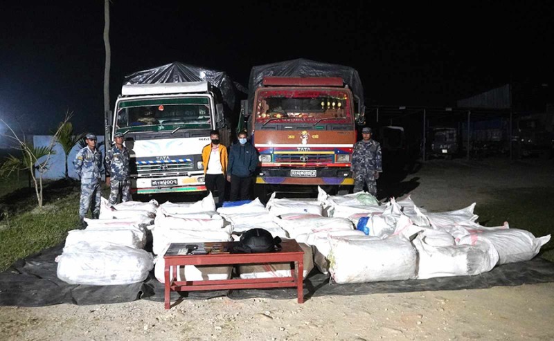 झापामा १६३६ किलो गाँजासहित दुईवटा ट्रकसहित २ जना पक्राउ