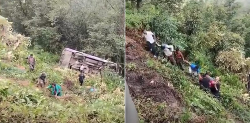नुवाकोटमा बसले इभी भ्यानलाई ठक्कर दिँदा भिरबाट खस्यो, पाँच महिला घाइते